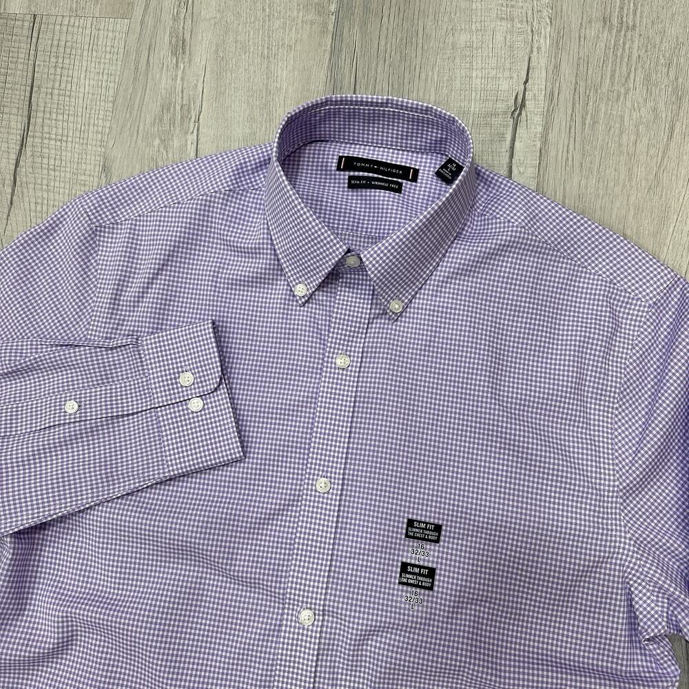 NWT Tommy Hilfiger Shirt Mens Large Purple Gingham Check Long Sleeve Button Down